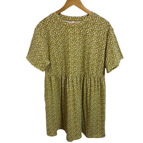 RVCA Olive Green Floral Babydoll Mini Dress Cottagecore Boho Festival Size Large - Picture 2 of 11